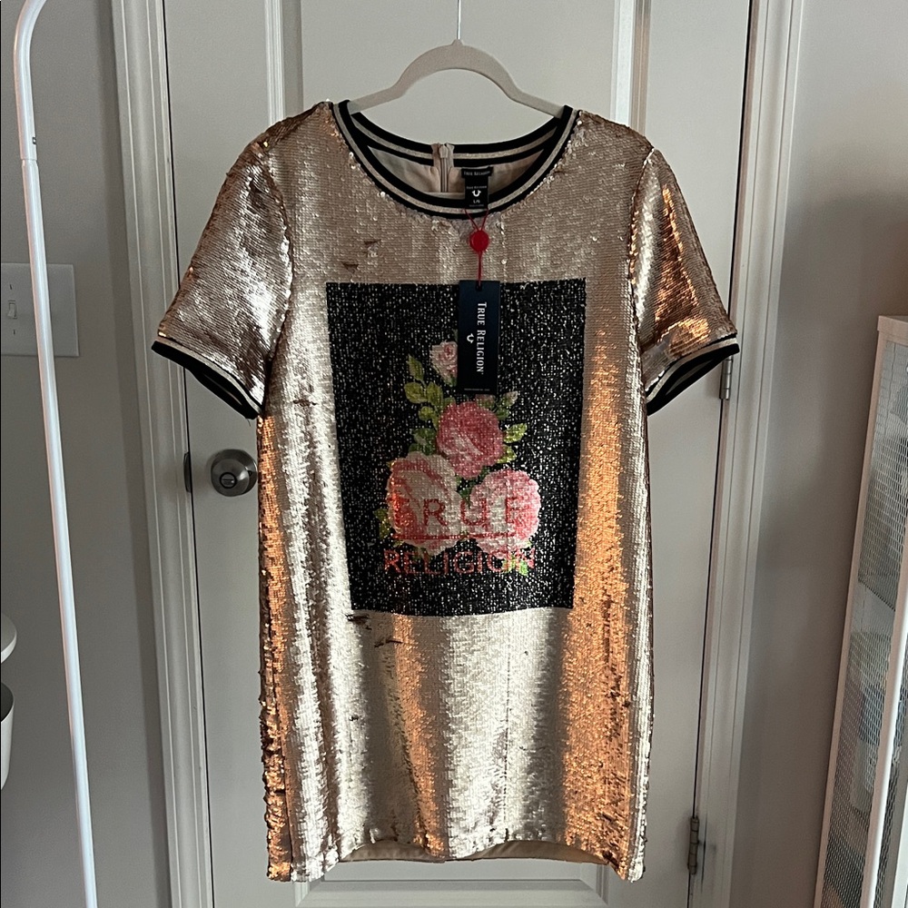 True religion Gold Sequin Dress with Floral Design- size large